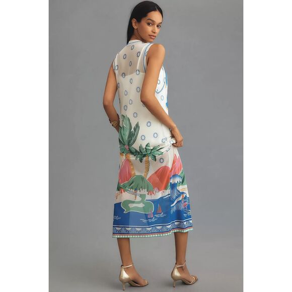 New Anthropologie Farm Rio Graphic Mesh Midi Dress sz L - Picture 2 of 8